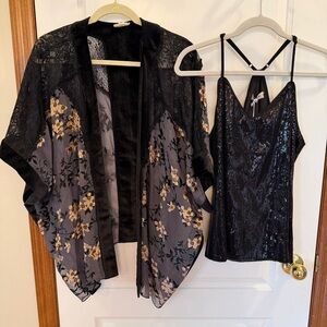 POL Oversized Velvet & Lace Floral Kimono + NWT Black Medium Sequin Tank